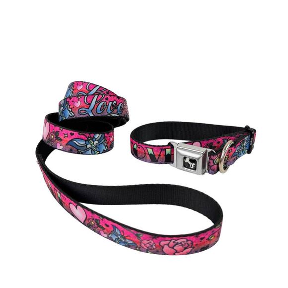 Buckle-Down Metal Clip Love Pink Tattoo Nylon Adjustable Dog Collar / Leash Set - Picture 1 of 5